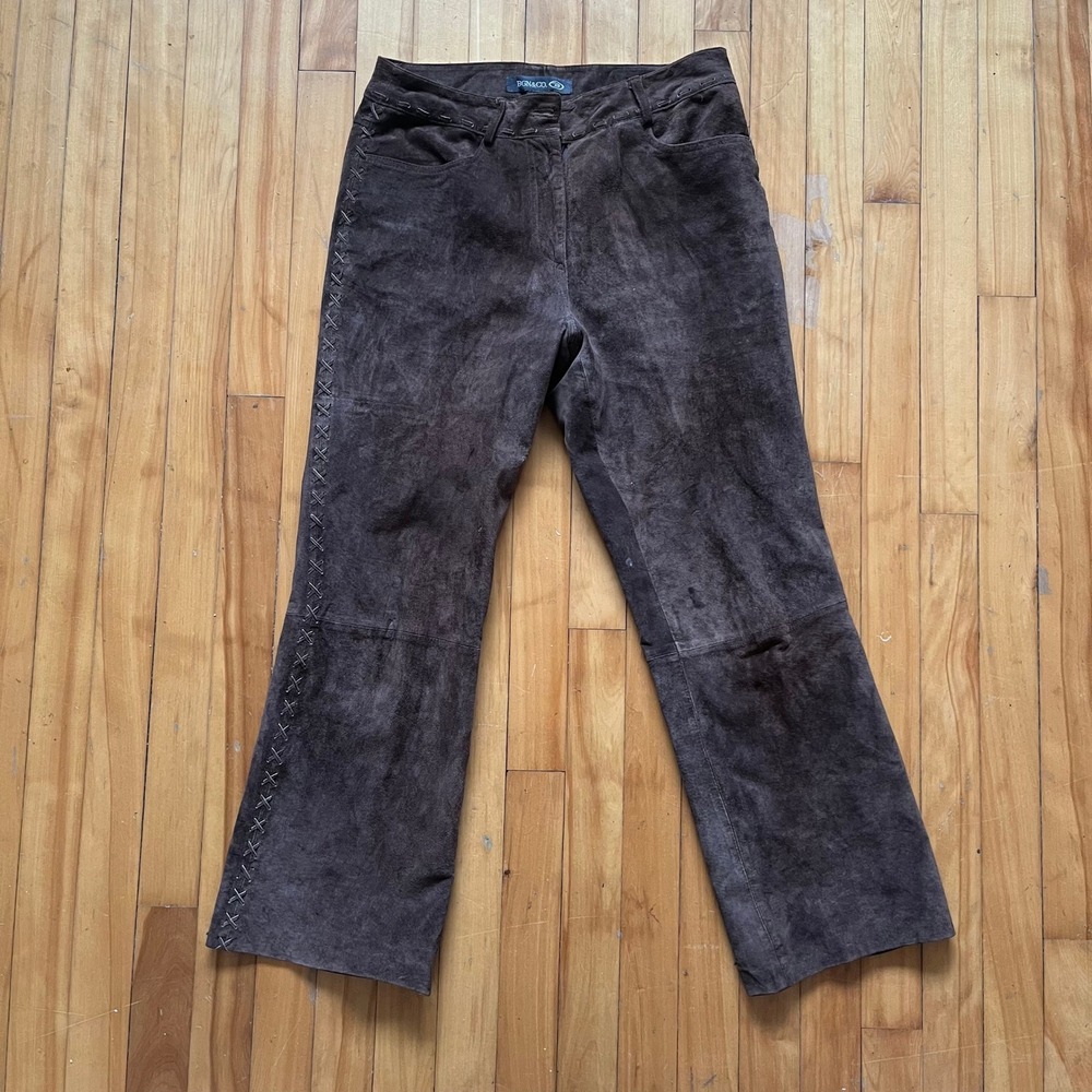 BGN & CO. Brown Suede Flare Pants Women's Size 11 with Decorative Stitching